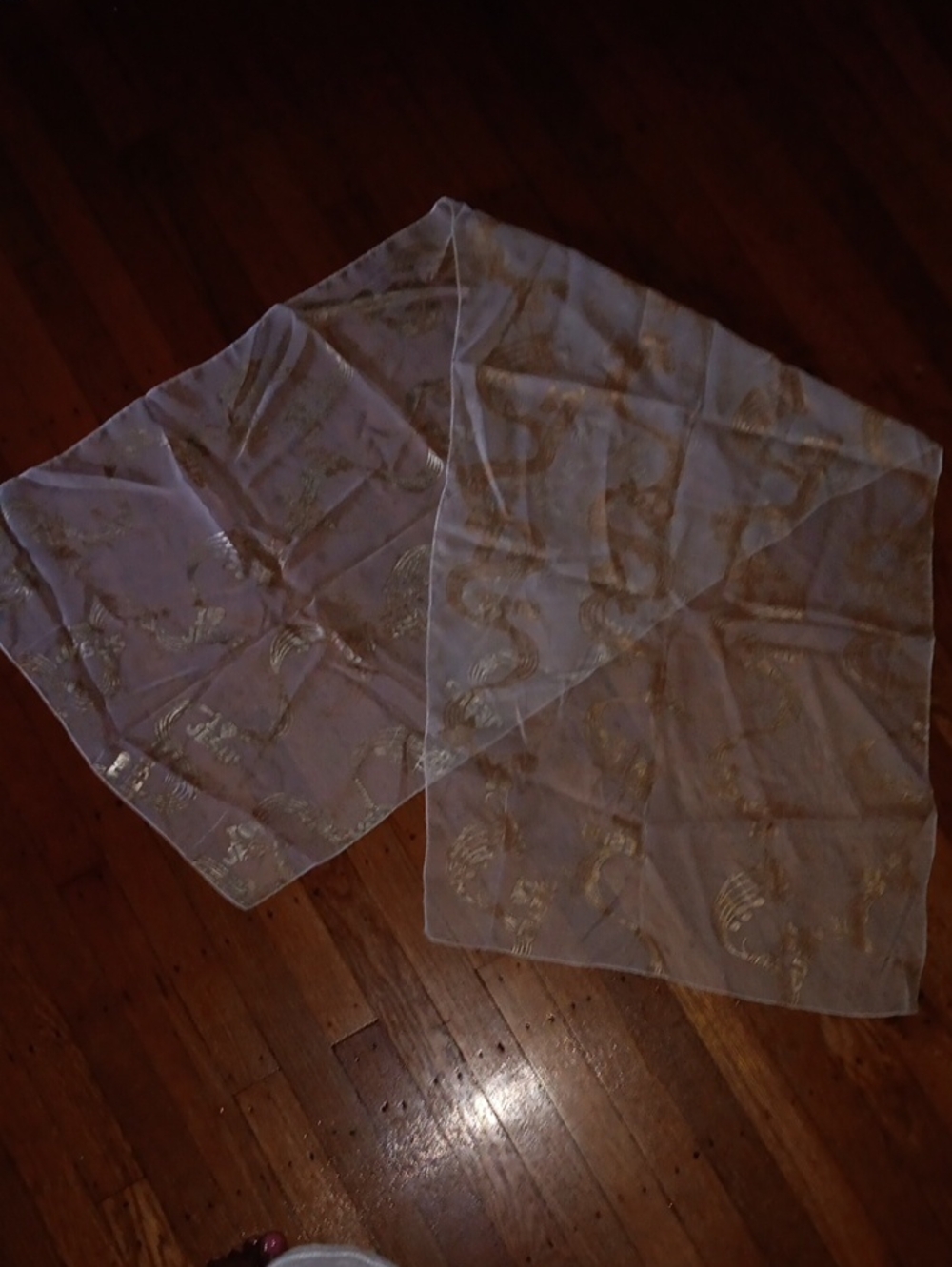 Sheer Scarf with Gold Foil Seahorse Motif - White/Gold